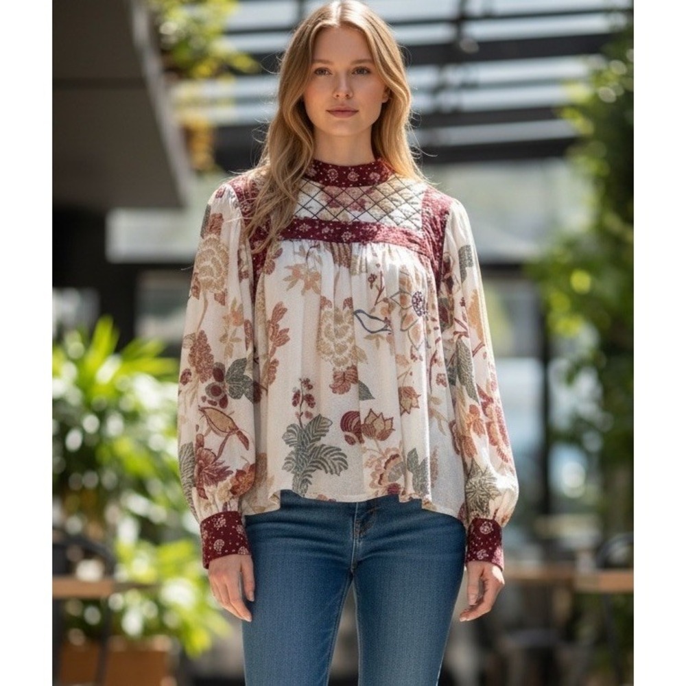 Let Me Be Prairie Floral Blouse Small Boho Cottagecore Quilted Yoke Peasant Top